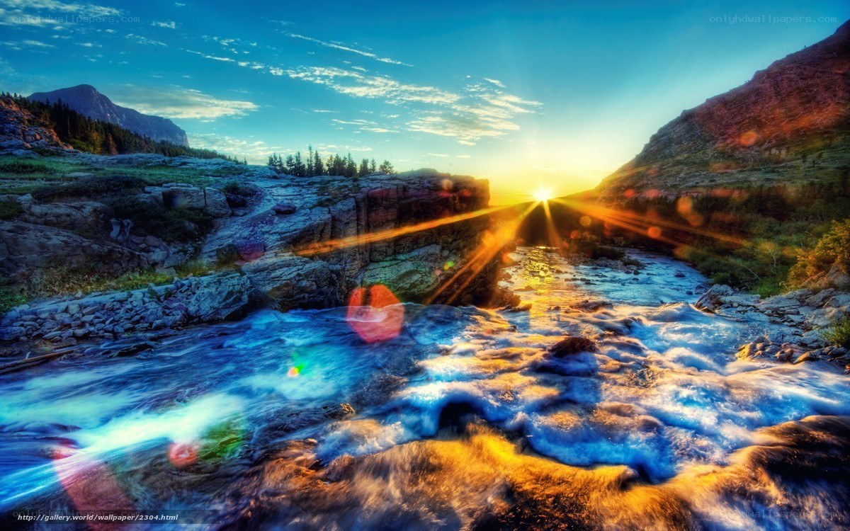 Sunset over mountain stream