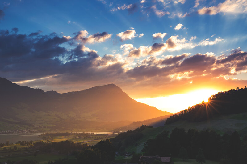 Sunset over mountain valley