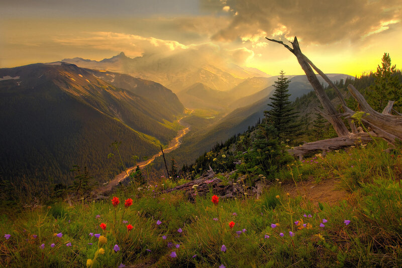 Sunset over mountain valley