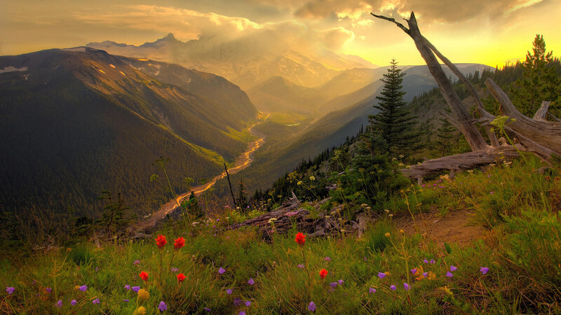 Sunset over mountain valley