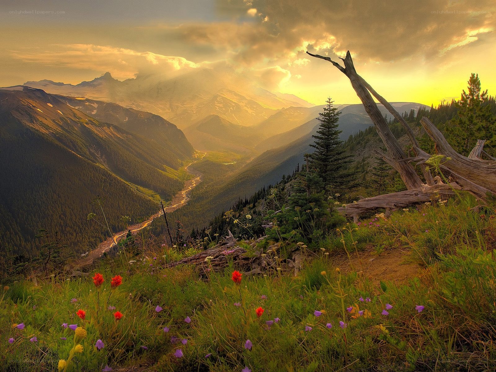 Sunset over mountain valley