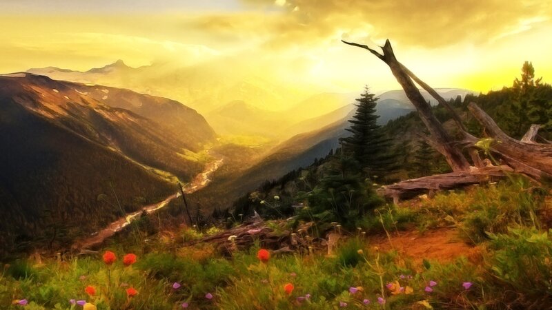Sunset over mountain valley
