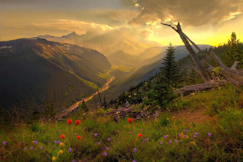 Sunset over mountain valley