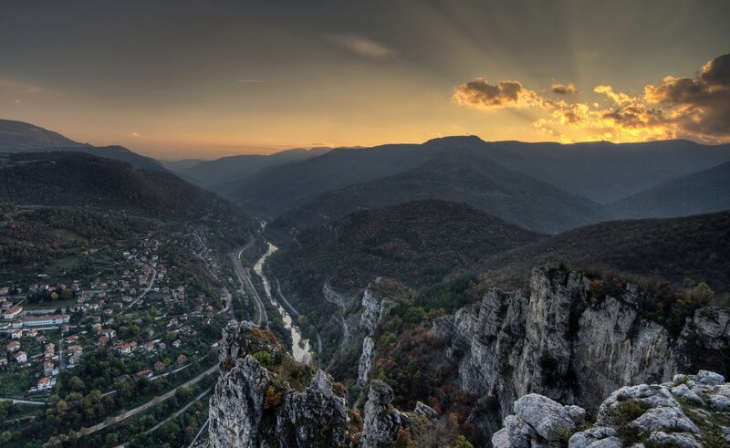 Sunset over mountain valley