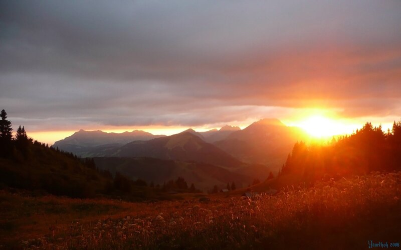 Sunset over mountain valley