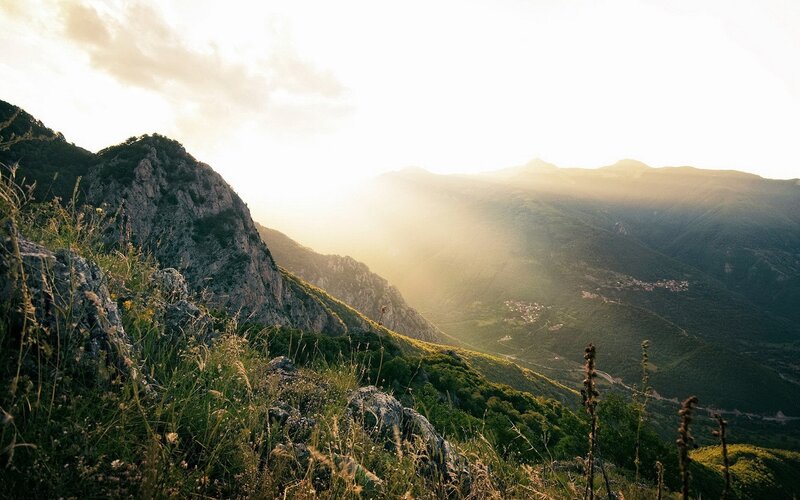 Sunset over mountain valley