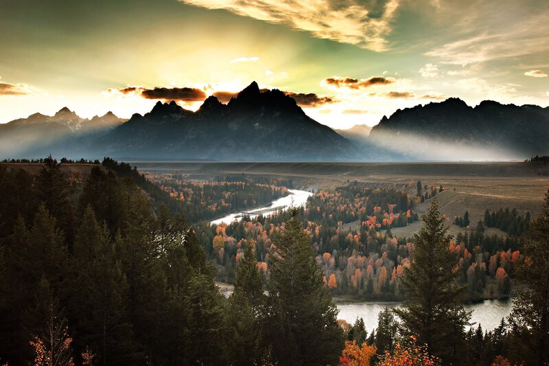 Sunset over mountain valley