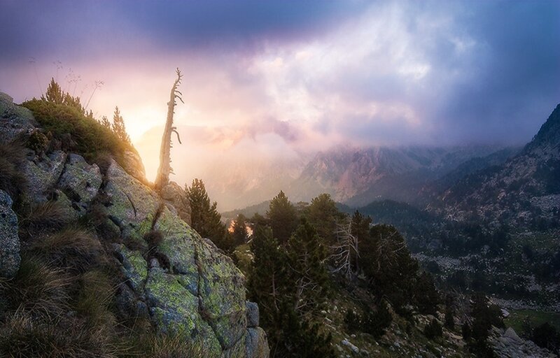 Sunset over mountain valley