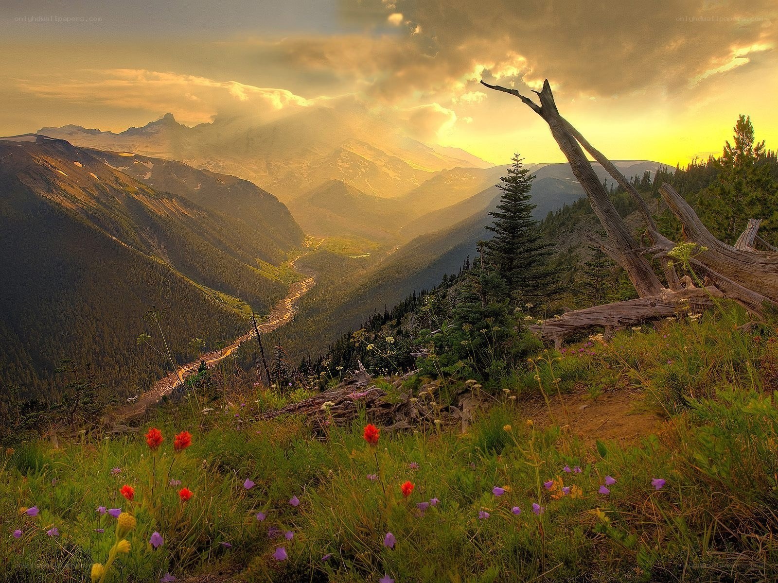 Sunset over mountain valley