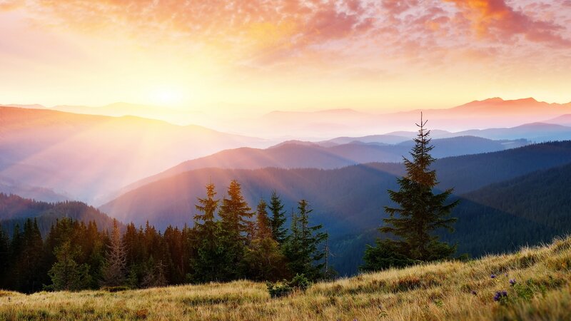 Sunset over mountain valleys