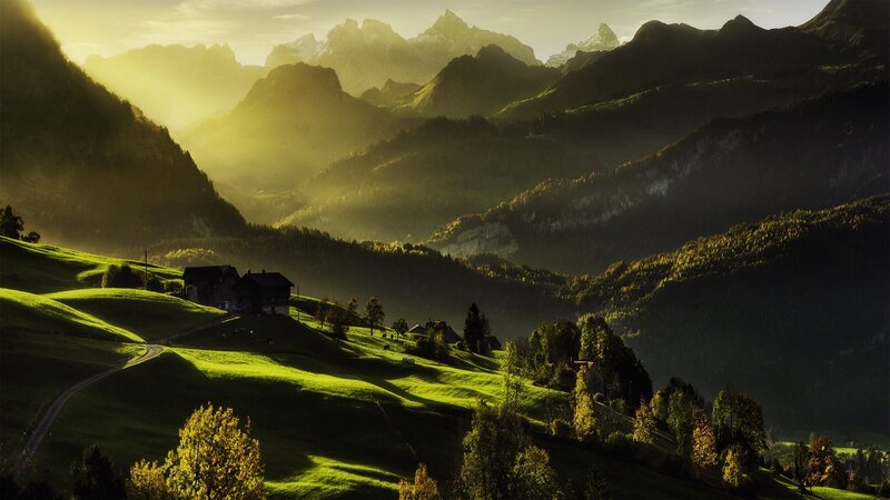 Sunset over mountain village