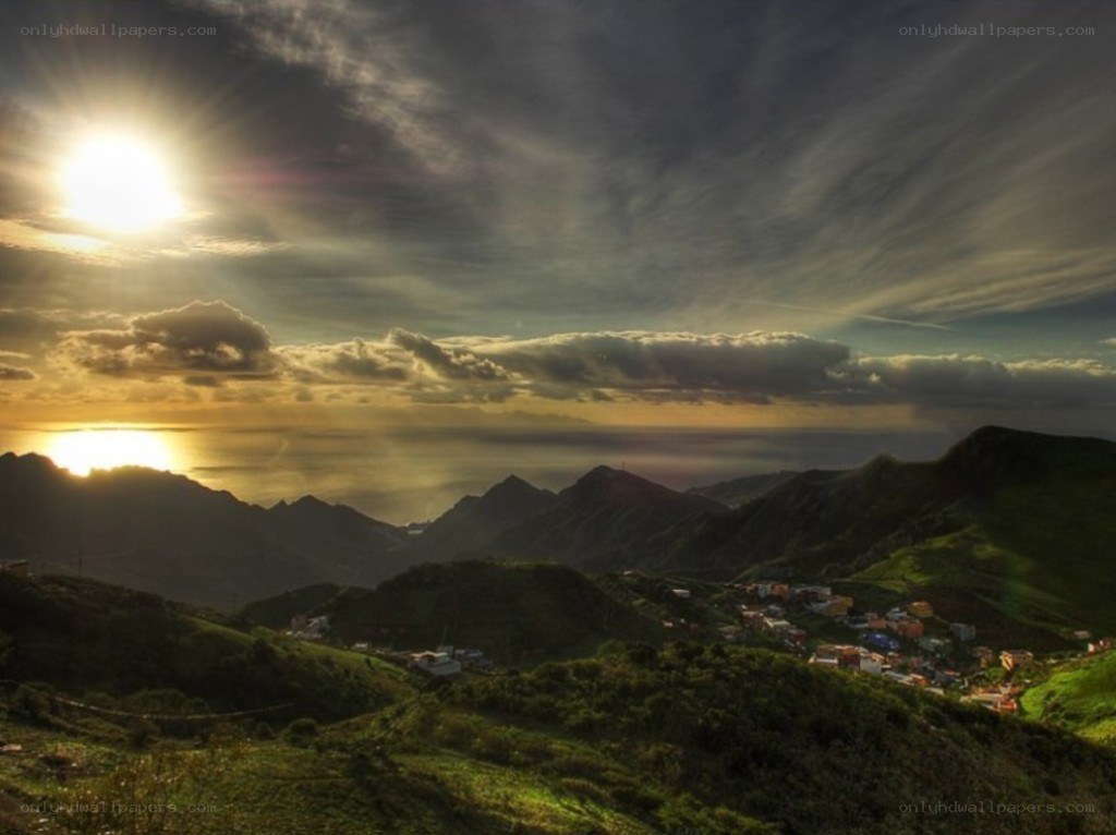Sunset over mountain village