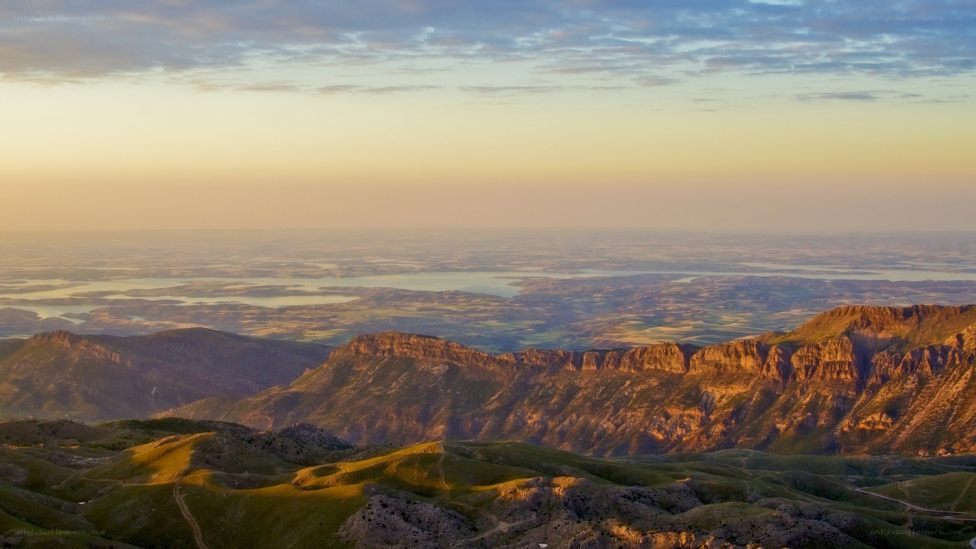 Sunset over mountainous landscape