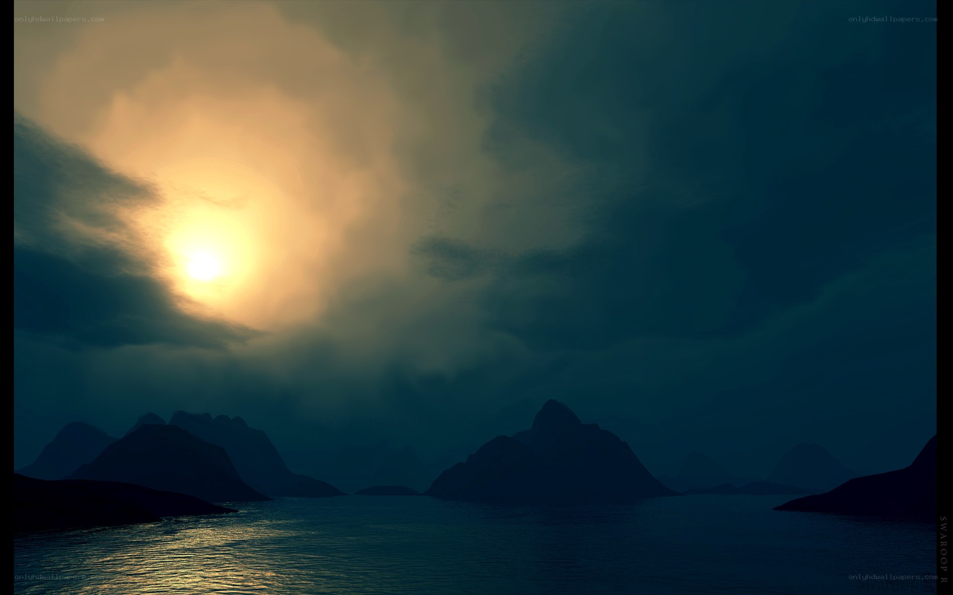 Sunset over mountainous sea