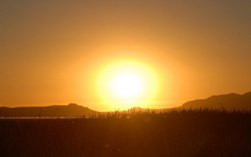 Sunset over mountains and grass