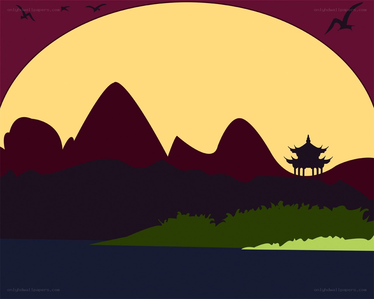 sunset over mountains and pagoda