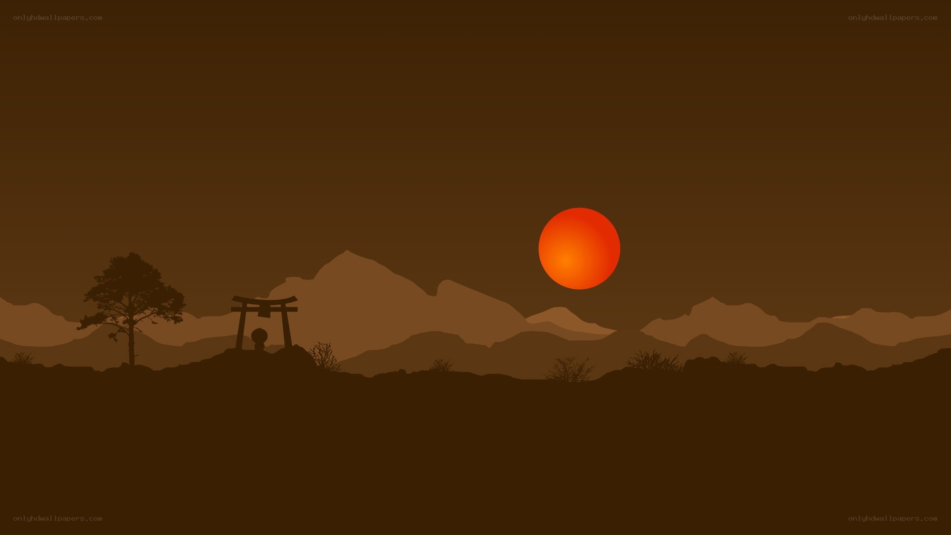 sunset over mountains and torii