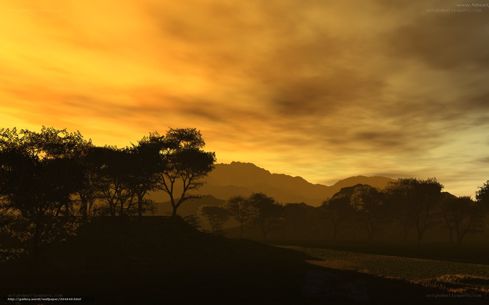 Sunset over mountains and trees