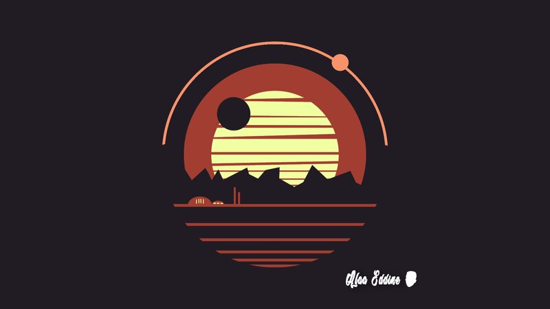 Sunset over Mountains — Black, Serene, Vector Art