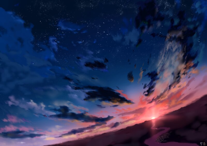 Sunset over Mountains — Blue, Dramatic, Digital Art, Clouds