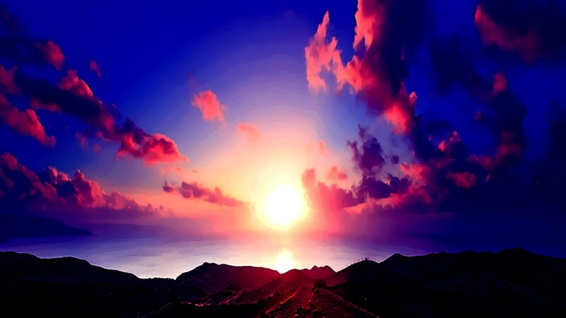 Sunset over Mountains — Blue, Dramatic, Digital Art, Sea