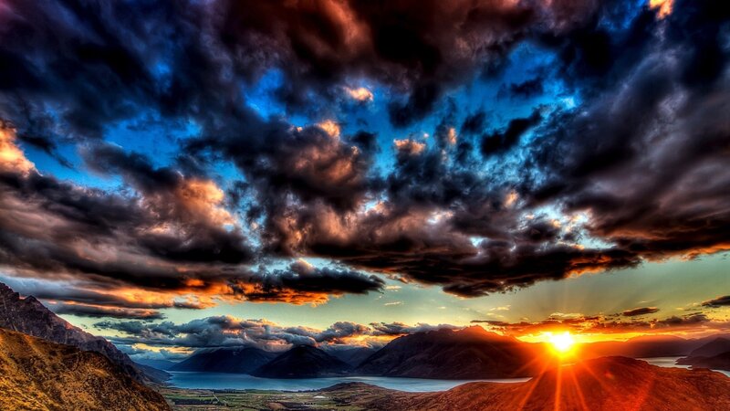 Sunset over Mountains — Blue, Dramatic, Photograph, Lake, Sun, Orange