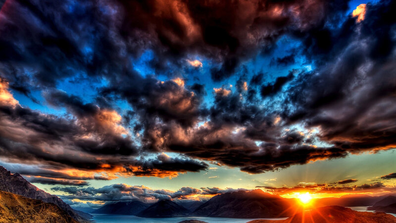 Sunset over Mountains — Blue, Dramatic, Photograph, Lake, Sun