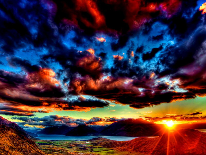 Sunset over Mountains — Blue, Dramatic, Photograph, Lake