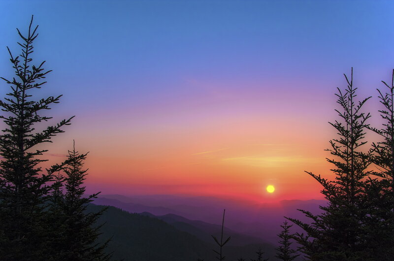 Sunset over Mountains — Blue, Serene, Photograph, Trees, Sky