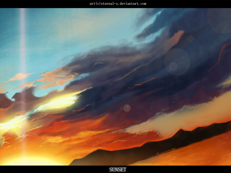Sunset over Mountains — Orange, Dramatic, Digital Art, Clouds