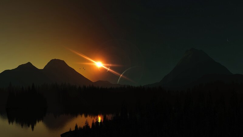 Sunset over Mountains — Orange, Dramatic, Digital Art, Lake