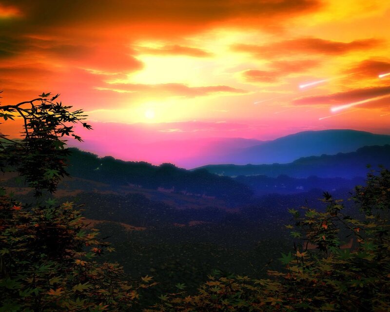 Sunset over Mountains — Orange, Dramatic, Digital Art, Trees, Sky, Meteors