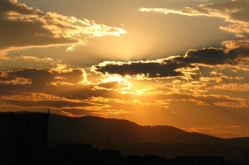 Sunset over Mountains — Orange, Dramatic, Photograph, Clouds, City