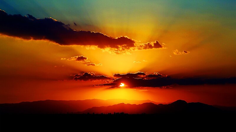 Sunset over Mountains — Orange, Dramatic, Photograph, Clouds, Red, Black
