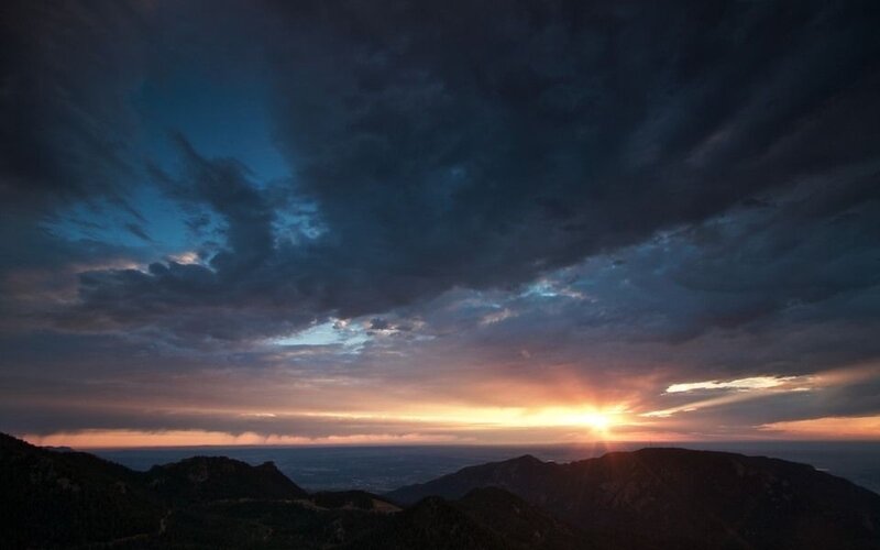 Sunset over Mountains — Orange, Dramatic, Photograph, Clouds, Sun, Blue