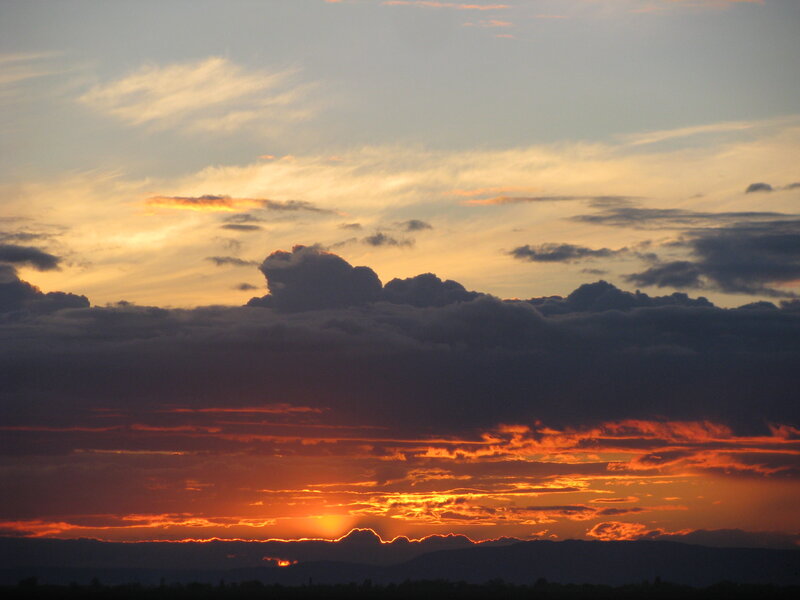 Sunset over Mountains — Orange, Dramatic, Photograph, Clouds, Sun, Red, Gray