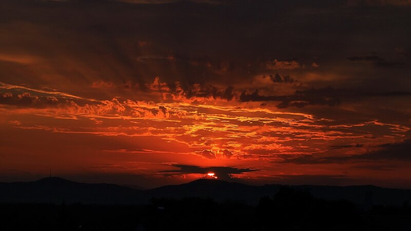 Sunset over Mountains — Orange, Dramatic, Photograph, Clouds, Sun, Red