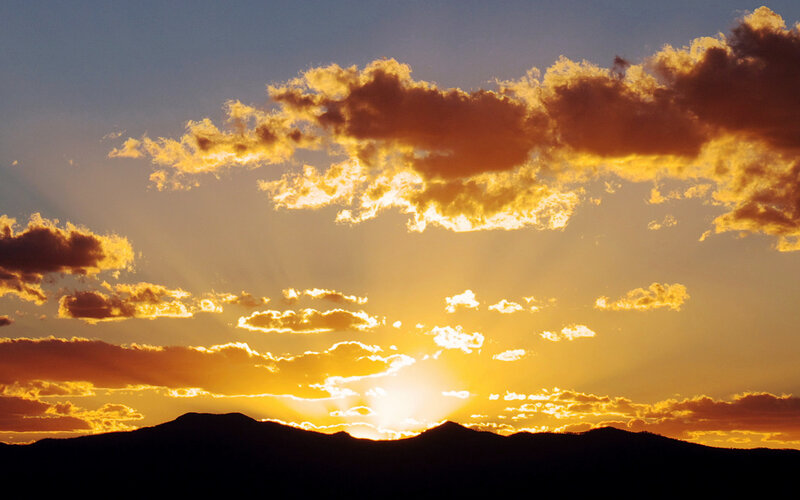 Sunset over Mountains — Orange, Dramatic, Photograph, Clouds, Sun, Yellow, Blue
