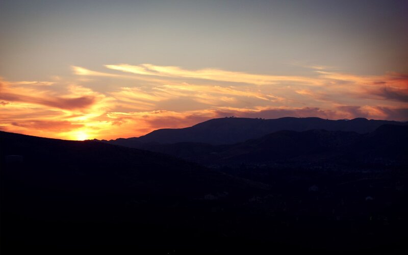 Sunset over Mountains — Orange, Dramatic, Photograph, Clouds, Town