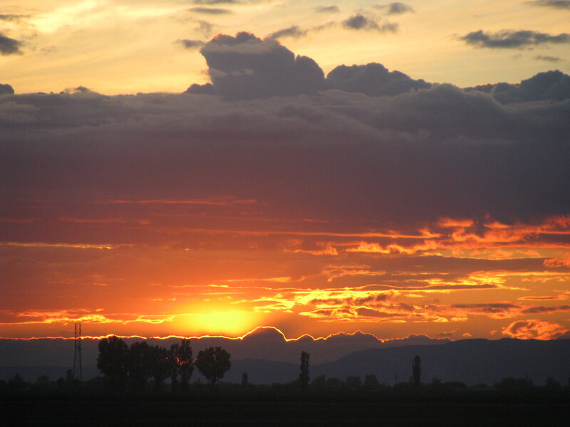 Sunset over Mountains — Orange, Dramatic, Photograph, Clouds, Trees, Red