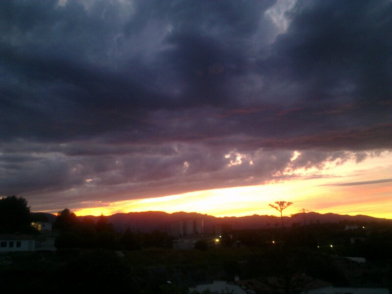 Sunset over Mountains — Orange, Dramatic, Photograph, Clouds, Trees