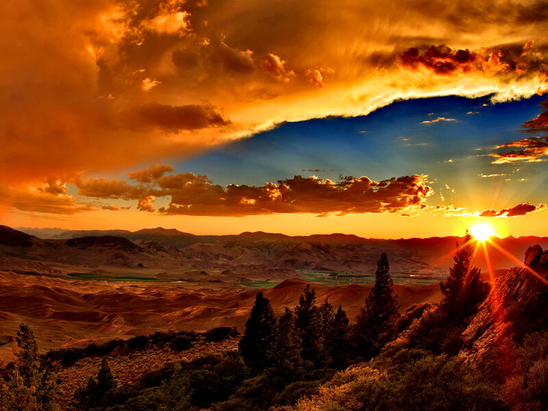Sunset over Mountains — Orange, Dramatic, Photograph, Clouds, Trees, Valley