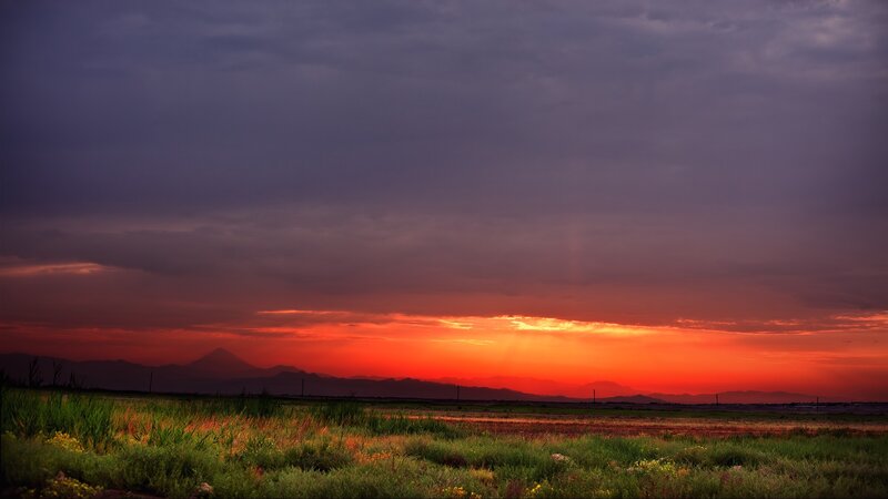 Sunset over Mountains — Orange, Dramatic, Photograph, Sky, Grass