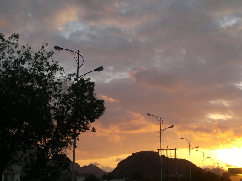 Sunset over Mountains — Orange, Dramatic, Photograph, Streetlights