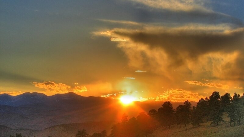 Sunset over Mountains — Orange, Dramatic, Photograph, Trees, Clouds, Yellow, Blue