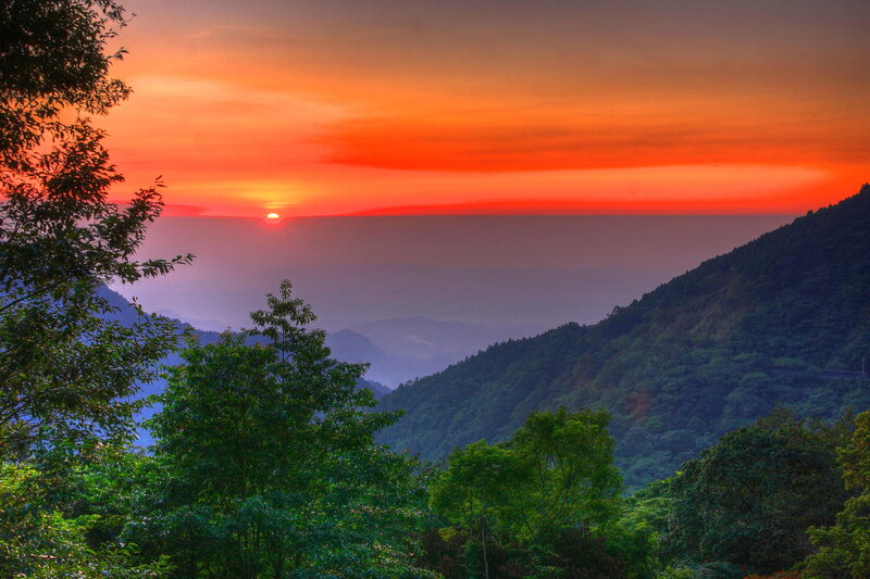 Sunset over Mountains — Orange, Dramatic, Photograph, Trees, Sun