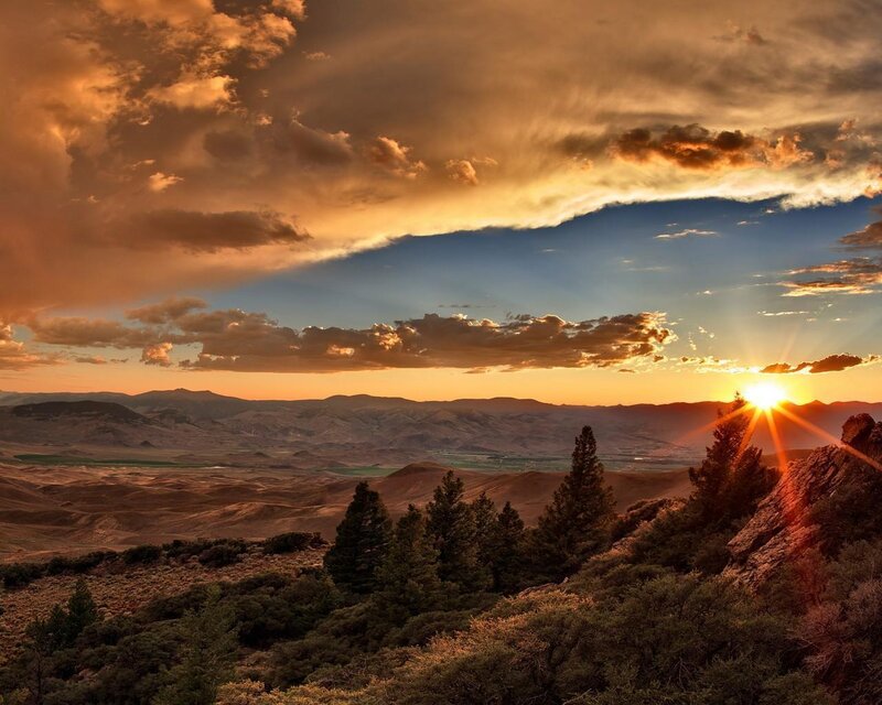 Sunset over Mountains — Orange, Dramatic, Photograph, Trees
