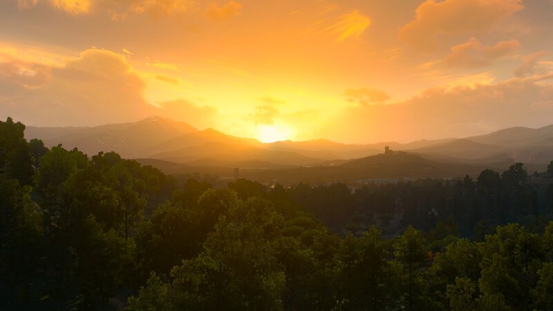 Sunset over Mountains — Orange, Serene, 3d Render, Trees