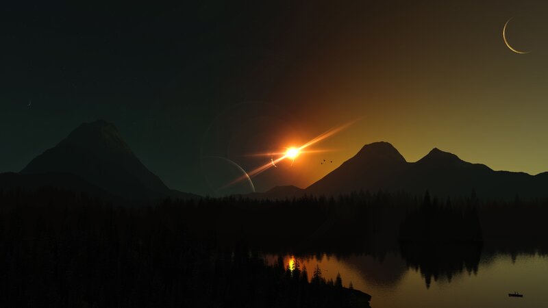 Sunset over Mountains — Orange, Serene, Digital Art