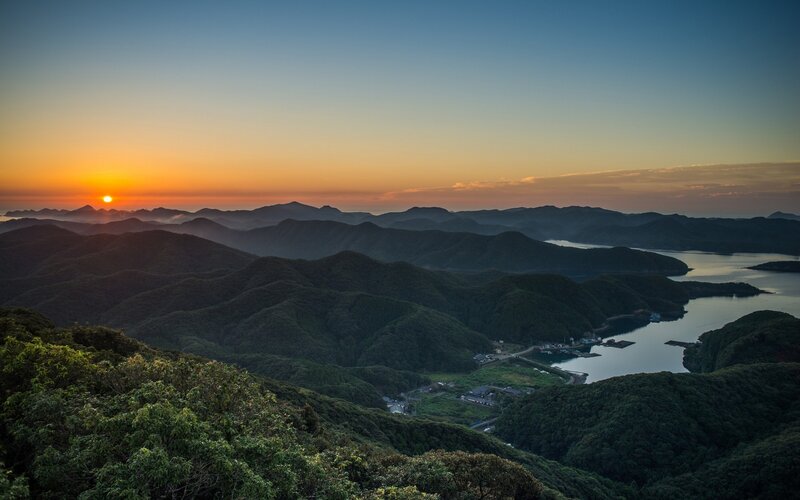 Sunset over Mountains — Orange, Serene, Photograph, Lake